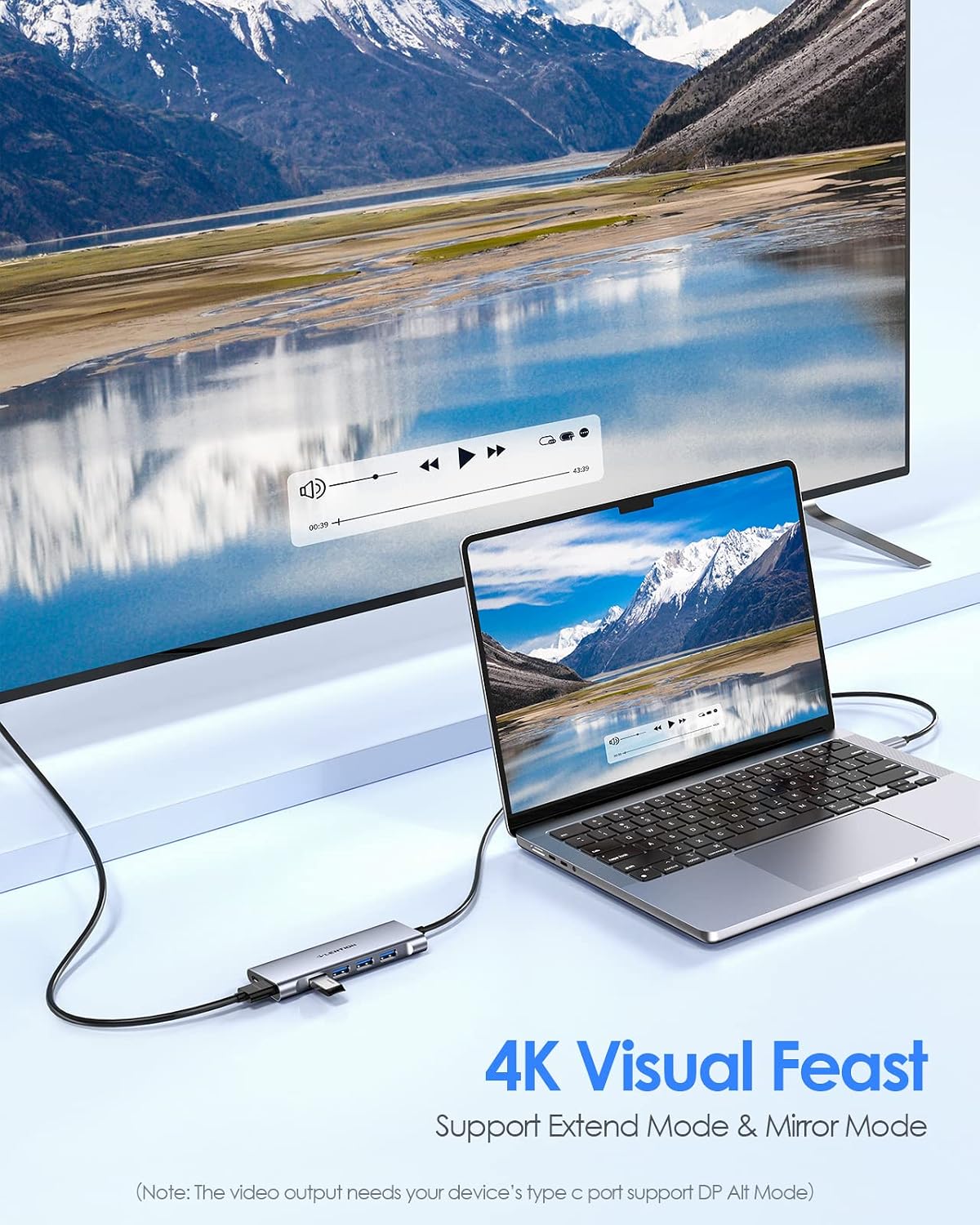 3.3FT Long Cable USB C Hub with 4K HDMI, 100W PD Charging, 4 USB 3.0 Port & LED Indicator for MacBook Pro/Air, Dell