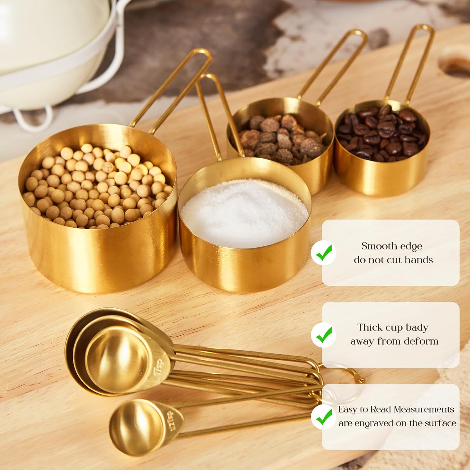Golden 304 Stainless Steel Measuring Cups and Spoons Set,8PCS Stackable & Long Handle Fits Narrow Jars, Premium Gold