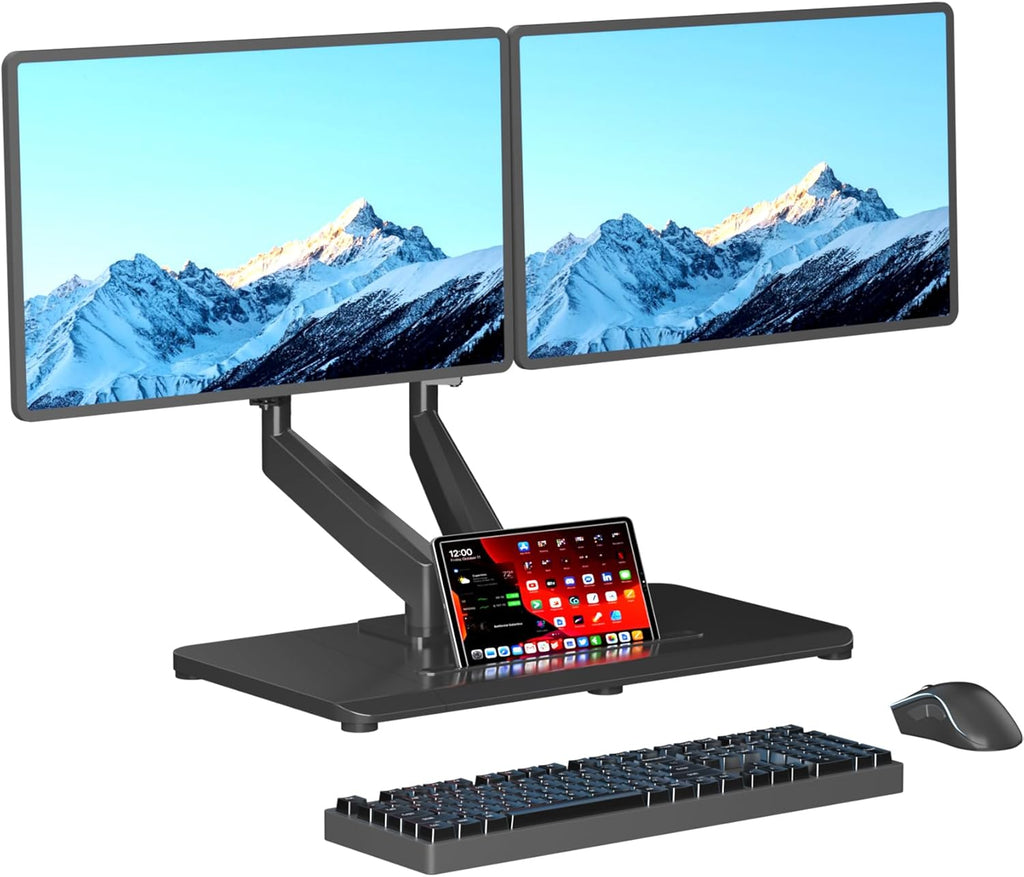 Adjustable Dual Monitor Arms with Base for 17-32" Screens | Pneumatic Dual VESA Monitor Mount with Base, Freestanding