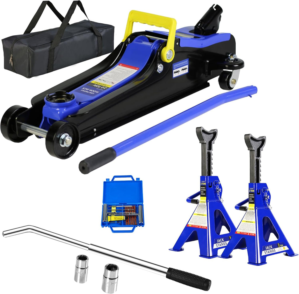 Black+Blue 2 Ton Low Profile Steel Racing Floor Jack with Quick Lift Pump - 2t Jack Stand Tire Repair Kit - Lifting