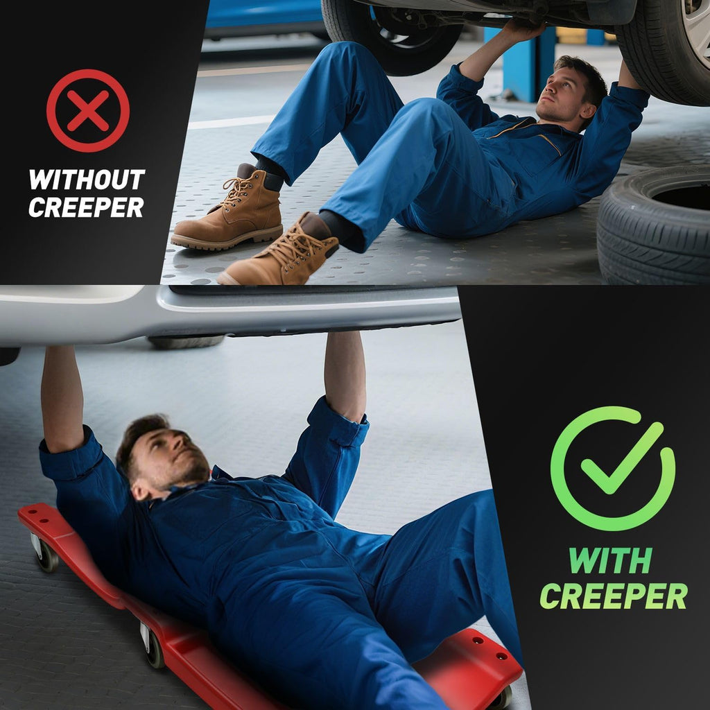 40 Inch Mechanic Creeper, Blow Molded Low Profile Rolling Garage Creeper, w/Padded Headrest, Dual Tool Trays, 350lbs