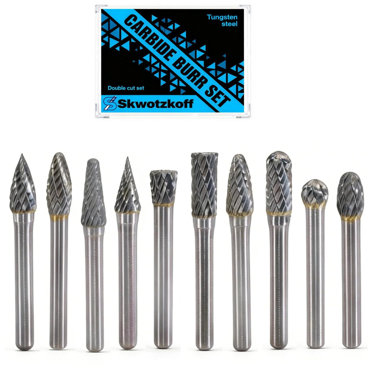 SKWOTZKOFF 10PCS Carbide Burr Set 1/4" Shank 5/16" Head Die Grinder Bits
