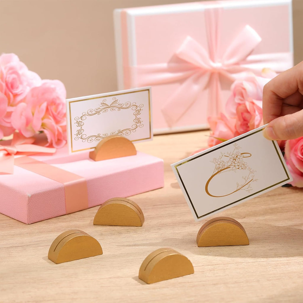 24 Pcs Wooden Table Number Stands with Tented Cards,Gold, White | Place Card Holders for Weddings, Semicircle Wood