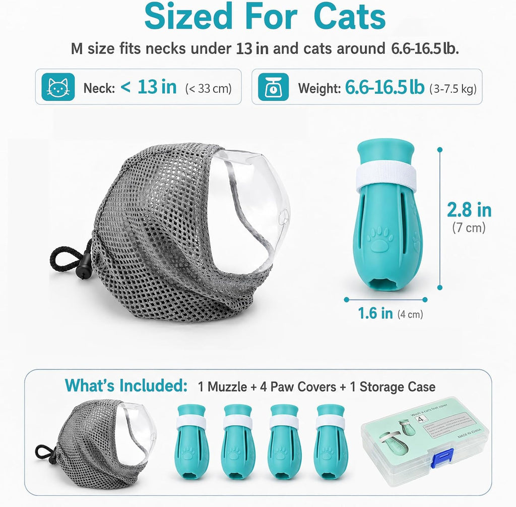 Adjustable Cat Muzzle, Breathable TPU + 4 Anti-Scratch Gloves for Grooming
