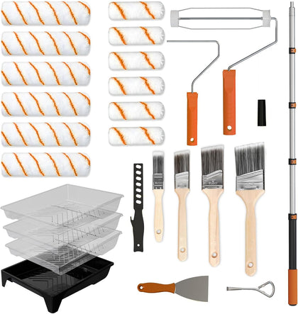 Paint Roller Kit, 27 Piece Paint Supplies, 9"4" Paint Rollers, 1-4FT Extension Pole, Paint Brushes for Walls