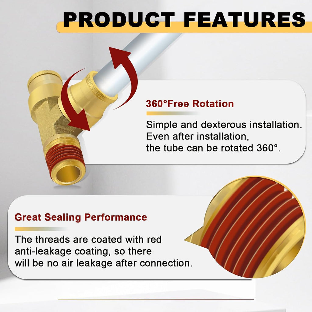 Siptenk 3/8" OD Tube x 1/4" Side NPT Thread Tee Brass Air Line Fittings