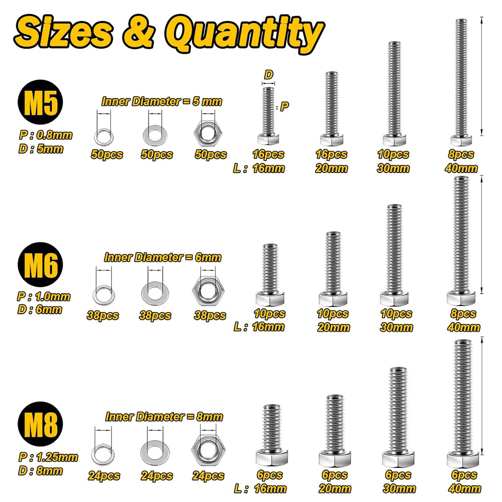 448PCS M5 M6 M8 Screw Set, Metric Bolt Assortment, 304 Stainless Steel, Nuts and Bolts Set Flat & Spring Washers, Hex