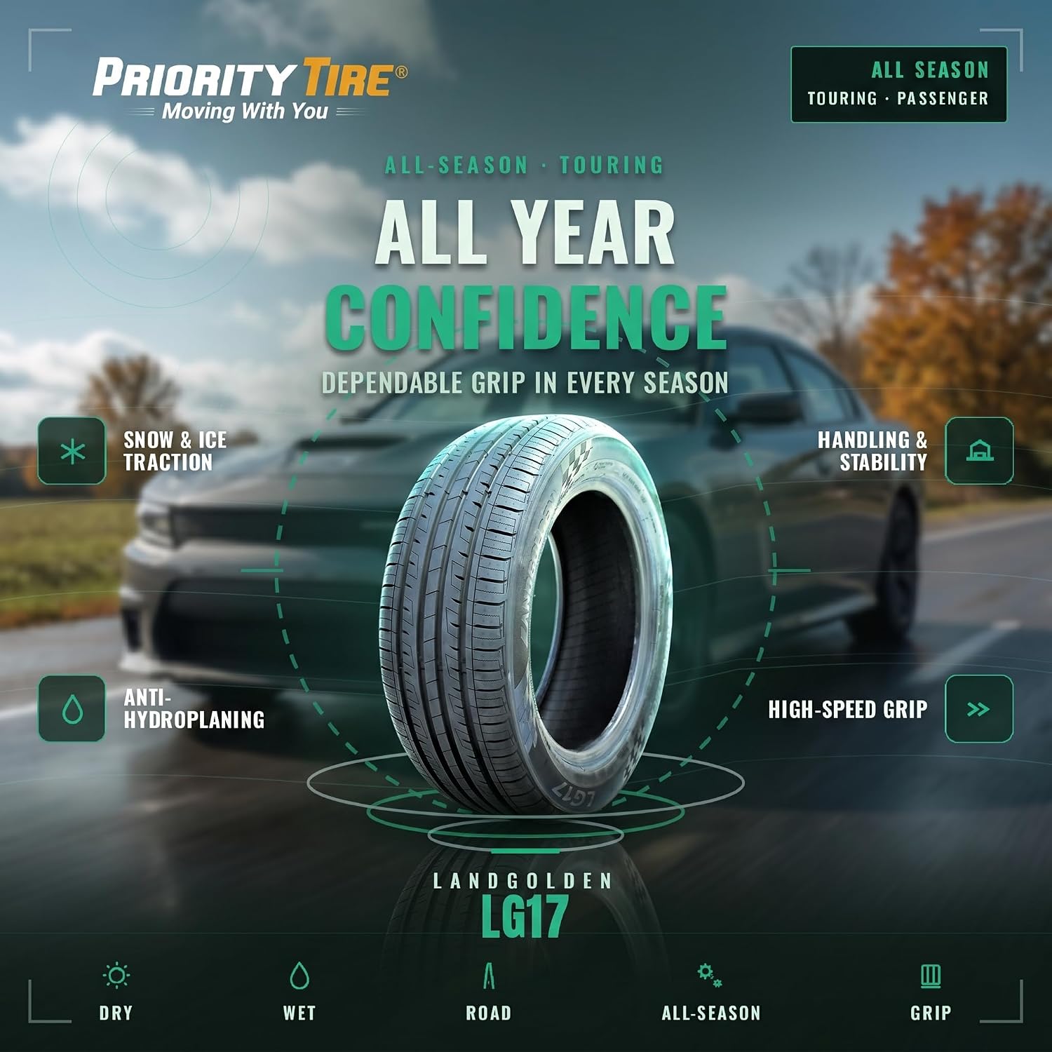 LG17 185/55R16 83V SL All Season Performance Tire | Passenger Performance All Season Traction 83V Rated Standard Load