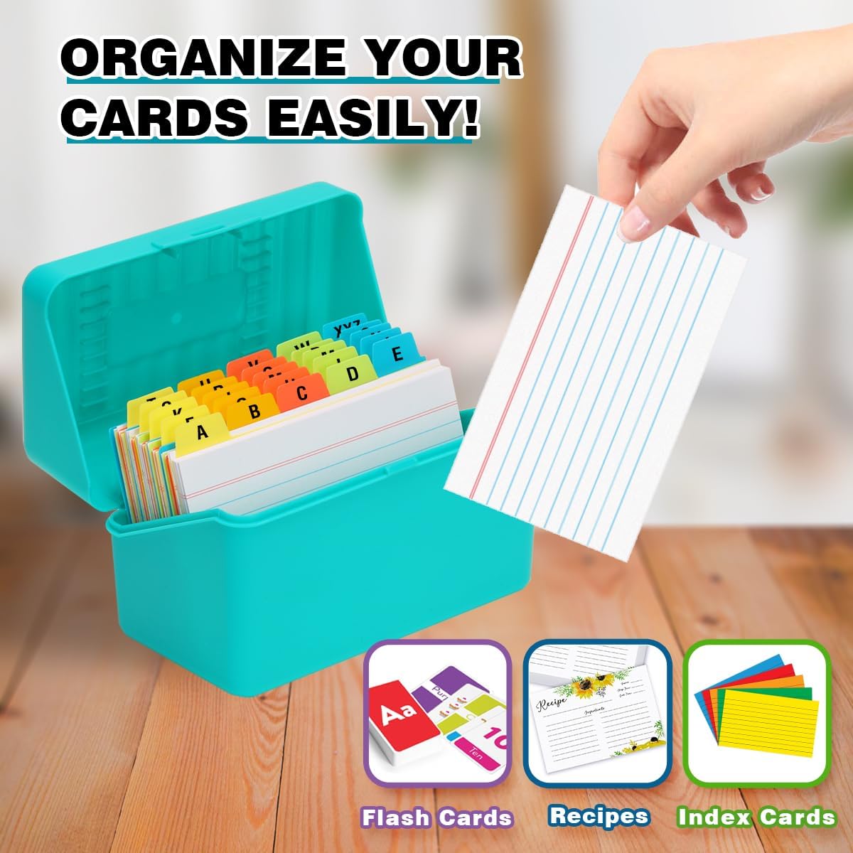3x5 Index Card Holder with 100 Index Cards and 25 Dividers, Teal | 3x5 Inch Plastic Box, Heavyweight 3x5 Index Cards