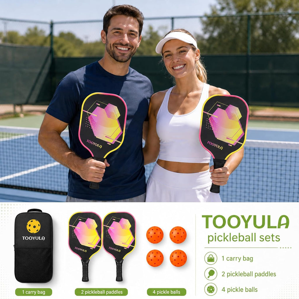Pickleball Paddle Set of 2, Fiberglass Pickleball Rackets with Large Sweet Spot & High Fault Tolerance, Complete