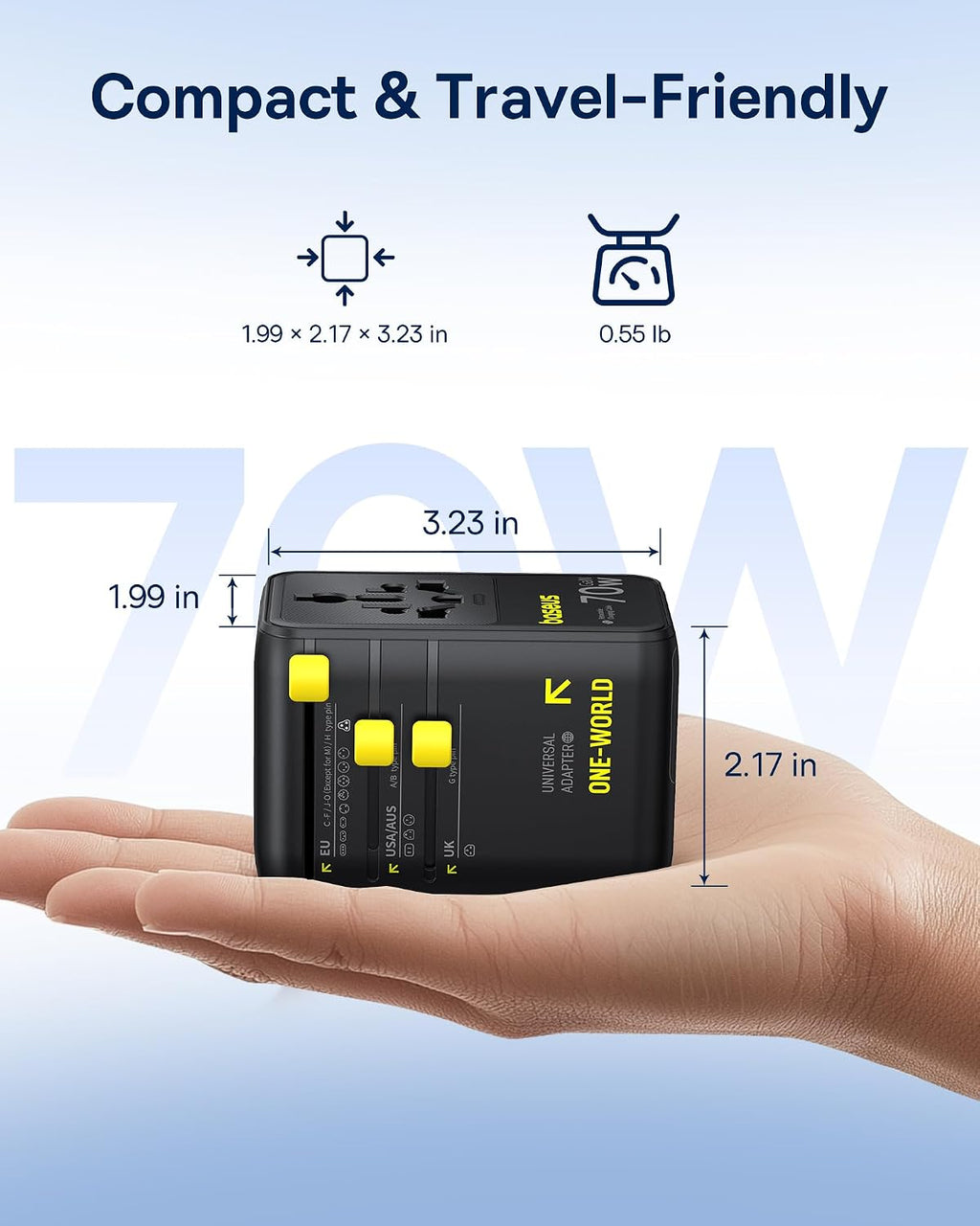 70W Universal Travel Adapter, 6-in-1 International Plug Adapter with Retractable Cable, USB-C PD Fast Charging
