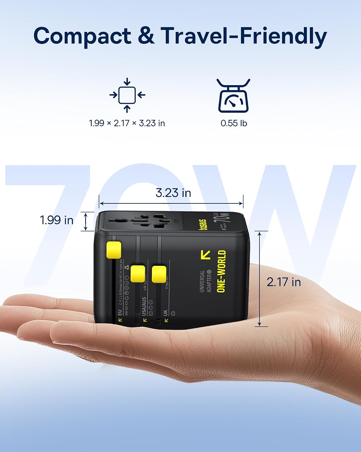 70W Universal Travel Adapter, 6-in-1 International Plug Adapter with Retractable Cable, USB-C PD Fast Charging