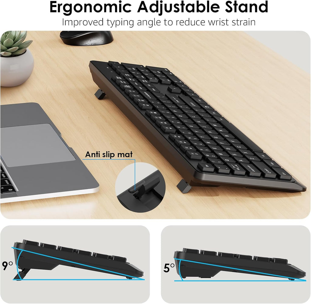 BKA BYA Wireless Keyboard and Mouse Combo,Full Size Quiet Keyboard and Mouse, 2.4GHz USB Receiver, Cordless Silent