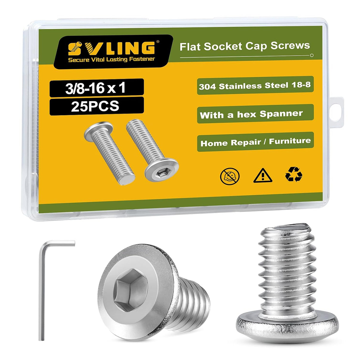 3/8-16 x 1 Bolt, 25PCS Flat Head Hex Socket Cap Screws Bolts, 304 Stainless Steel 18-8, Fully Threaded, with Hex Spanner