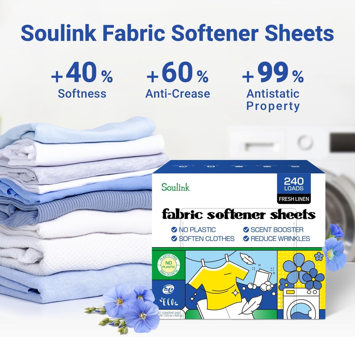 Fabric Softener Sheets, Fresh Linen Scent, Up to 240 Loads