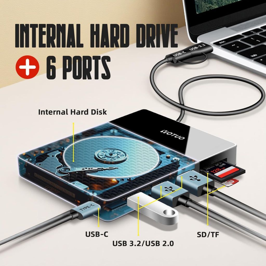 Portable 750GB Docking Station External Hard Drive, USB C Multiport Hub HDD 7-in-1, USB 3.0, SD/TF Card Reader
