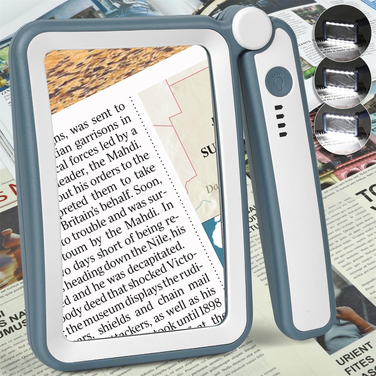 Magnifying Glass for Reading, Rechargeable 5X Large Page Magnifier with Light, Folding Handheld Dimmable Rectangle
