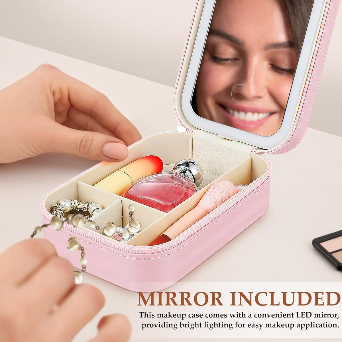 Adjustable Brightness Travel Makeup Case with LED Lighted Mirror Compact Small Organizer Bag with Divided Storage for