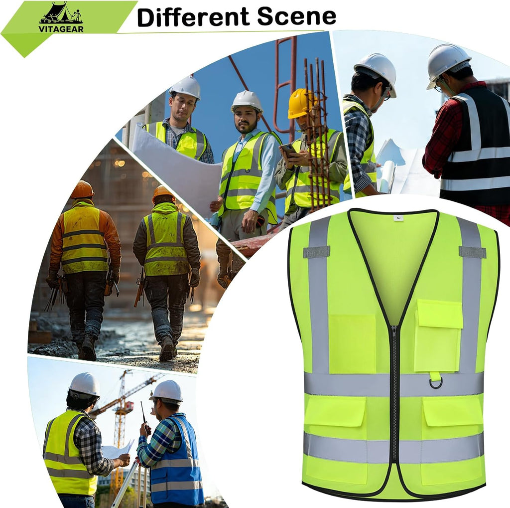 Class 2 High Visibility Safety Vests with Pockets, Hi Vis Vest for Construction Workers (Yellow L)