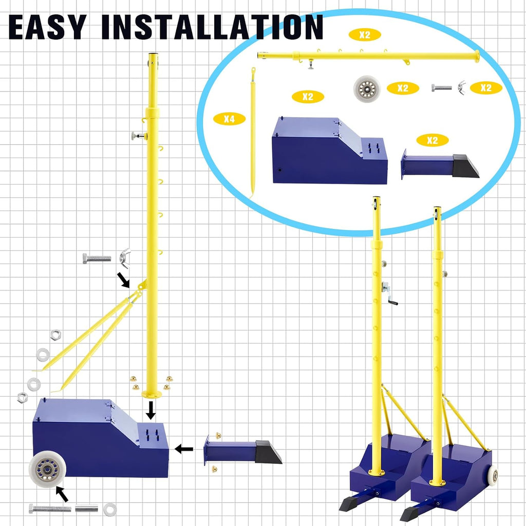 Volleyball Poles for Backyard with Net, Indoor Outdoor Heavy Duty Adjustable 4 Heights of 5-6.8 Foot with Wheels for