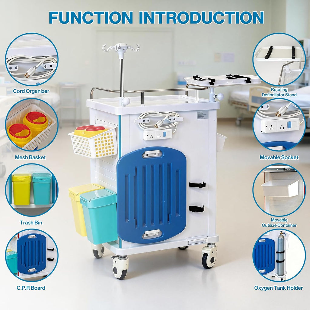 Medical Crash Cart with Emergency Accessory | 5-Tier Medical Storage Crash Cart with 4 Silent Wheels & 2 Trash Cans