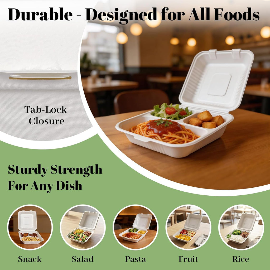100 Pack 8×9 Inch 3-Compartment Compostable Bagasse Food Containers