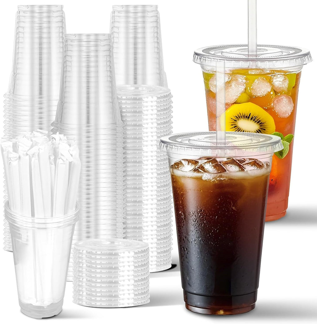 100 Sets- 20 oz Clear Plastic Cups with Lids and Straws