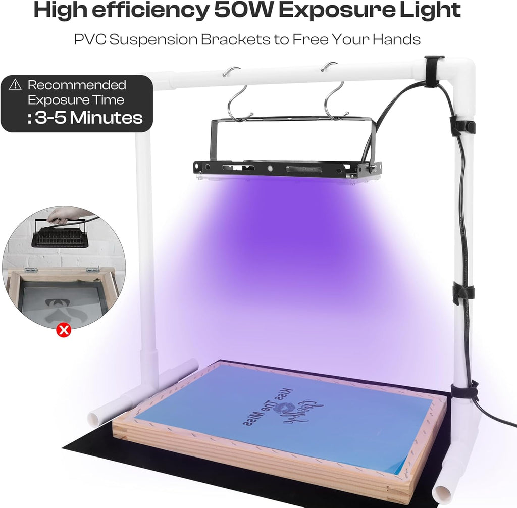 51PCS All-in-One Screen Printing Kit with 50W LED UV Screen Printing Light, 4 Colors Screen Printing Ink, Photo
