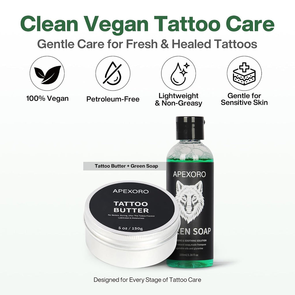 Tattoo Aftercare Kit – Full-Size 5oz Tattoo Butter, Vegan & Non-Greasy Balm for Tattoo Healing with Green Soap