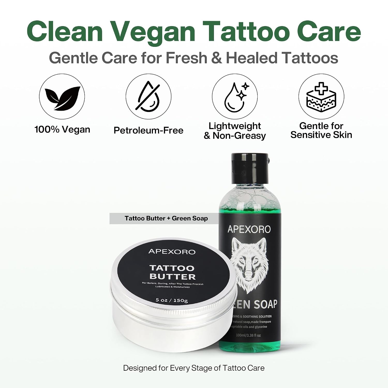 Tattoo Aftercare Kit – Full-Size 5oz Tattoo Butter, Vegan & Non-Greasy Balm for Tattoo Healing with Green Soap