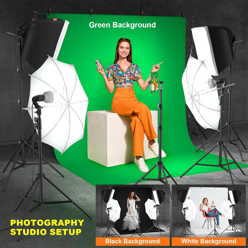 Lincostore Photo Video Studio Light Kit AM169 | Photography lighting kit, 3 muslin backdrop (black/white/green)