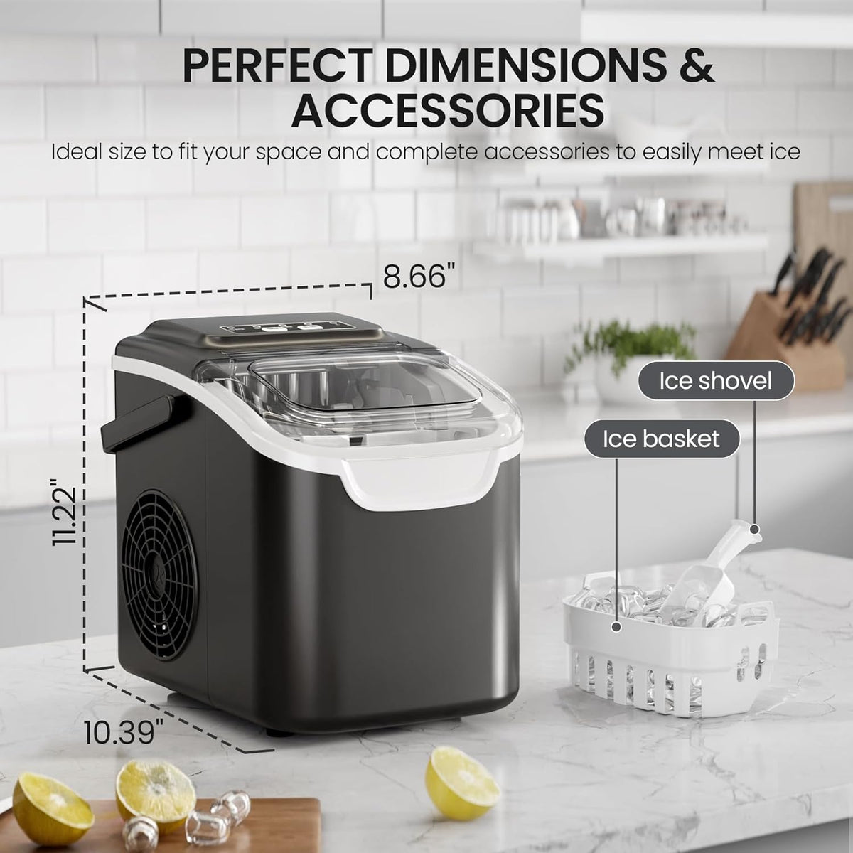 Countertop Ice Maker,26Lbs/24H, 2 Ice Sizes, Self-Cleaning, Black