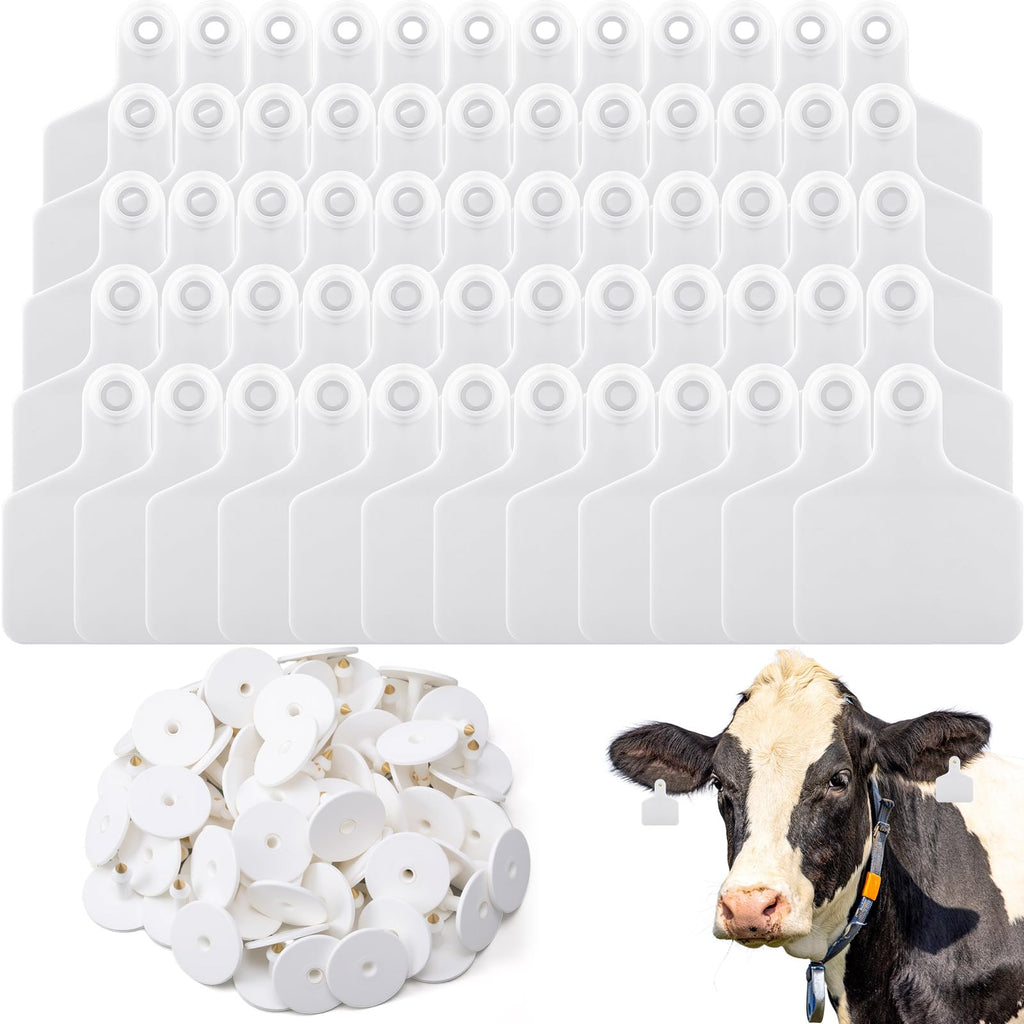 100 Pcs Blank Cattle Ear Tags Large Plastic Animal Cow Tags, White