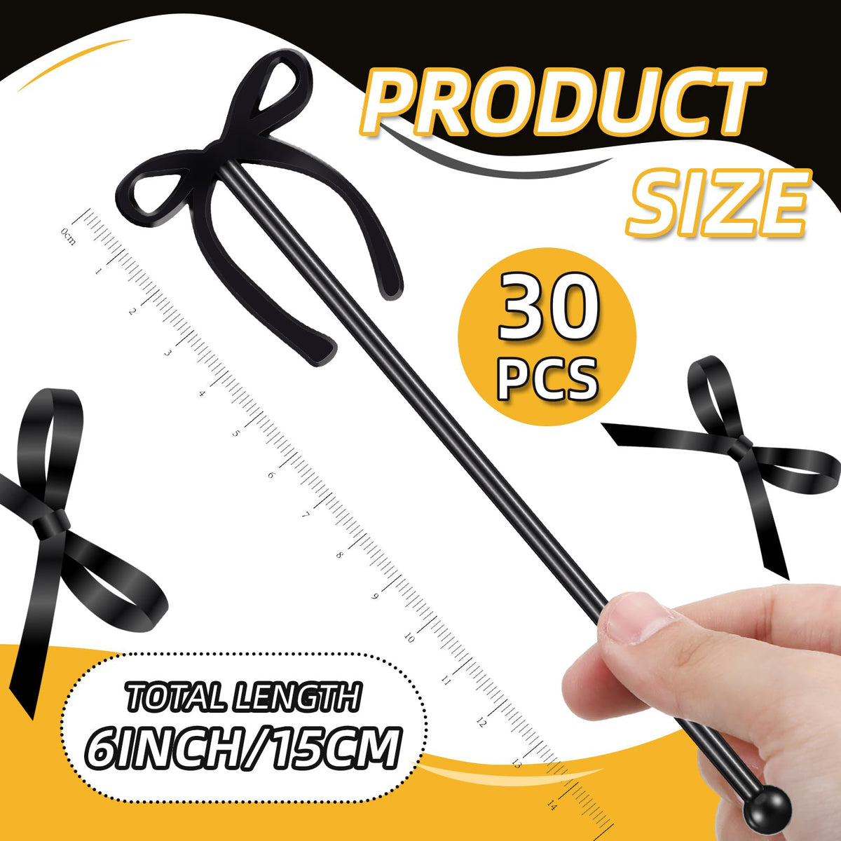 30 Pcs 6 Inch Party Bow Drink Stirrers Pack,Black