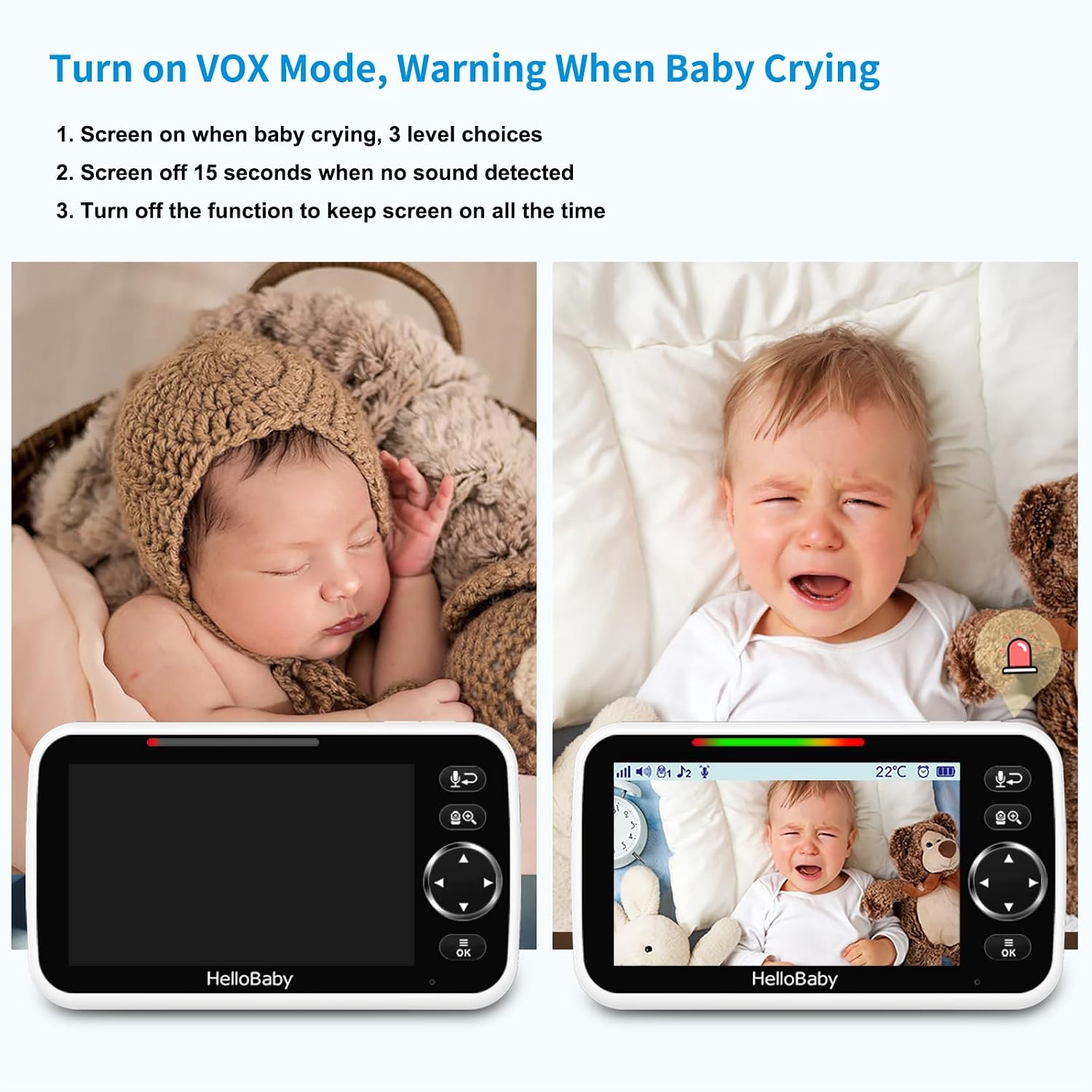 No WiFi Baby Monitor 5" Screen 30-Hour Battery Pan-Tilt-Zoom Video Upgrade with Camera and Audio, Night Vision, VOX