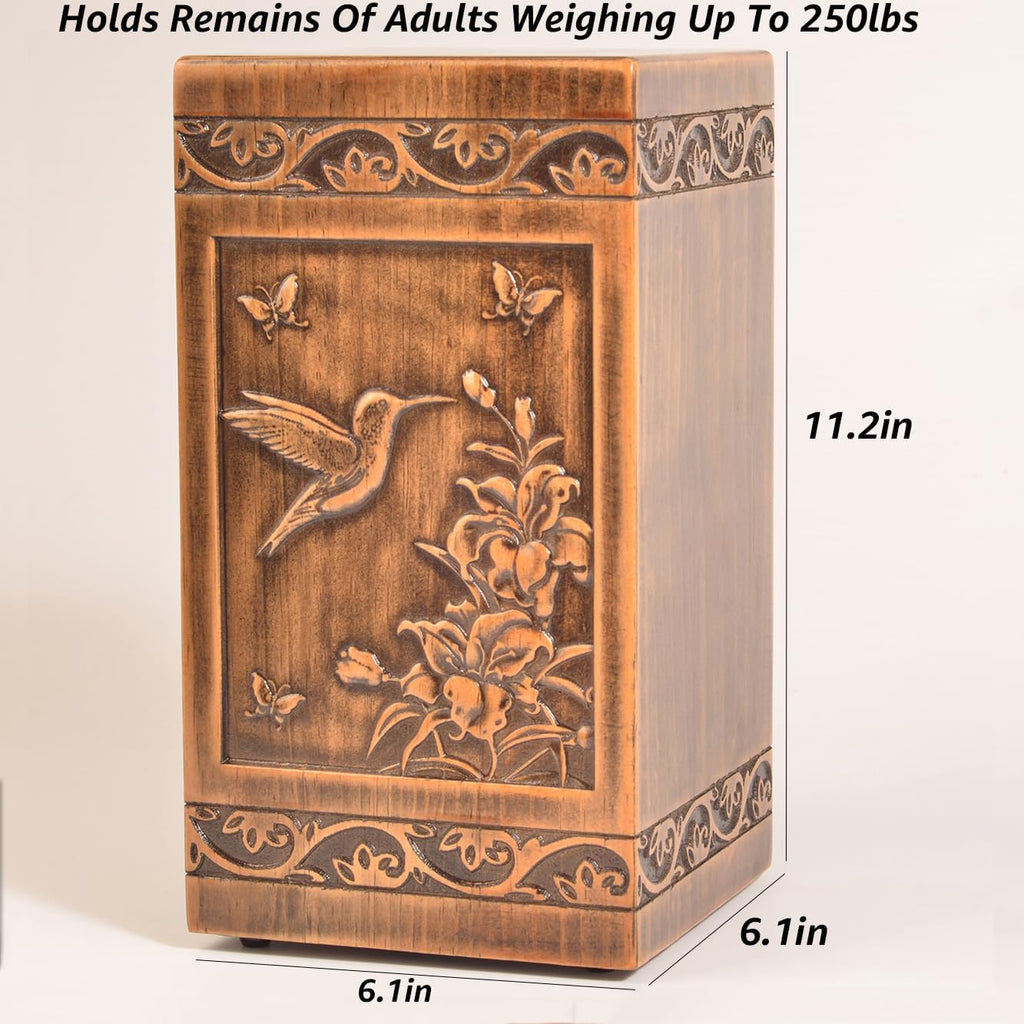 Handmade Wooden Engraved Urn for Human Ashes 250lbs Adult Male Female Satin Bag Hummingbird Cremation urns Box