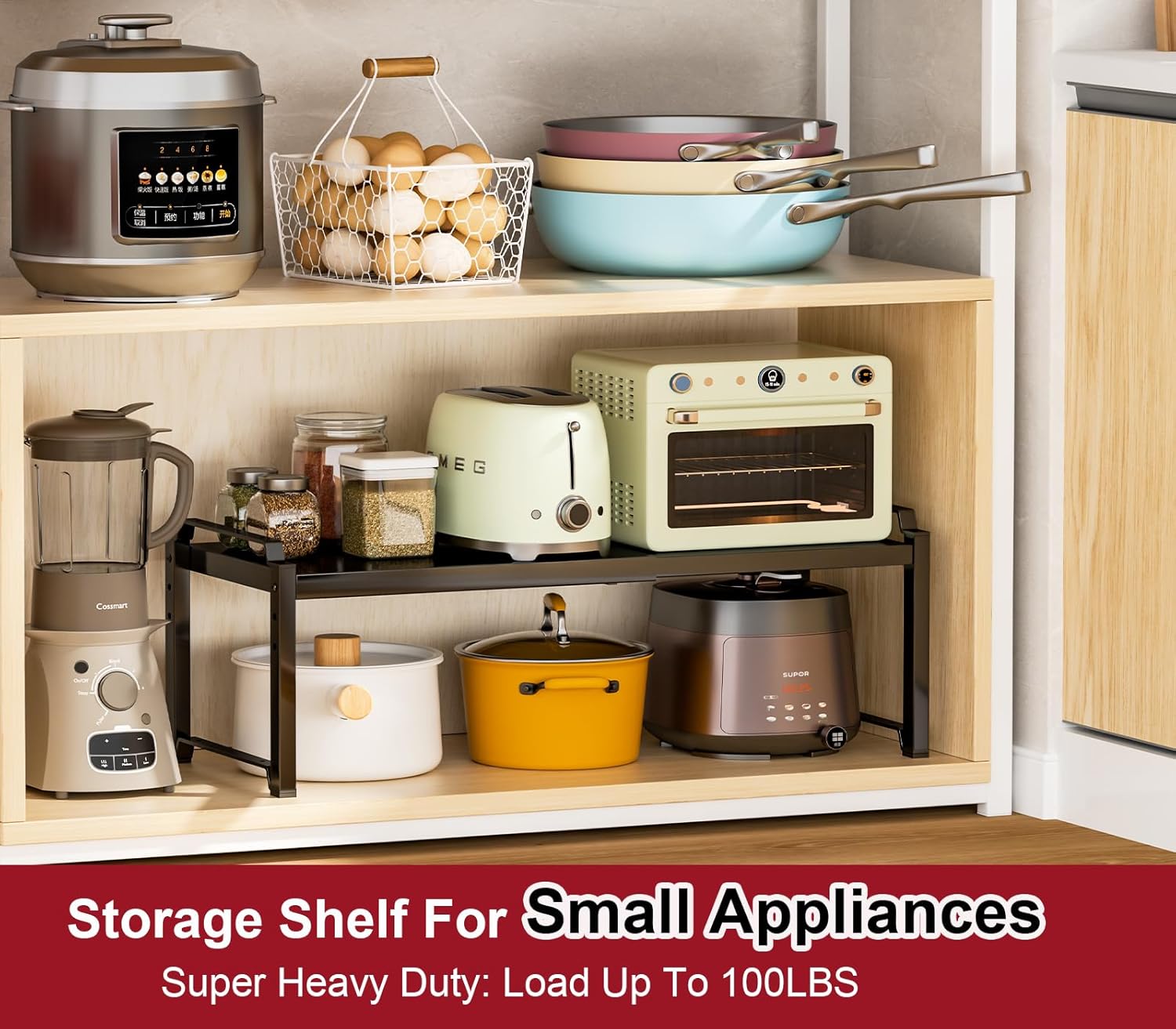 12" Wide 100LBS Loading-Bearing Heavy Duty Kitchen Storage Shelf, Expandable Cabinet Shelf Organizer, Stackable