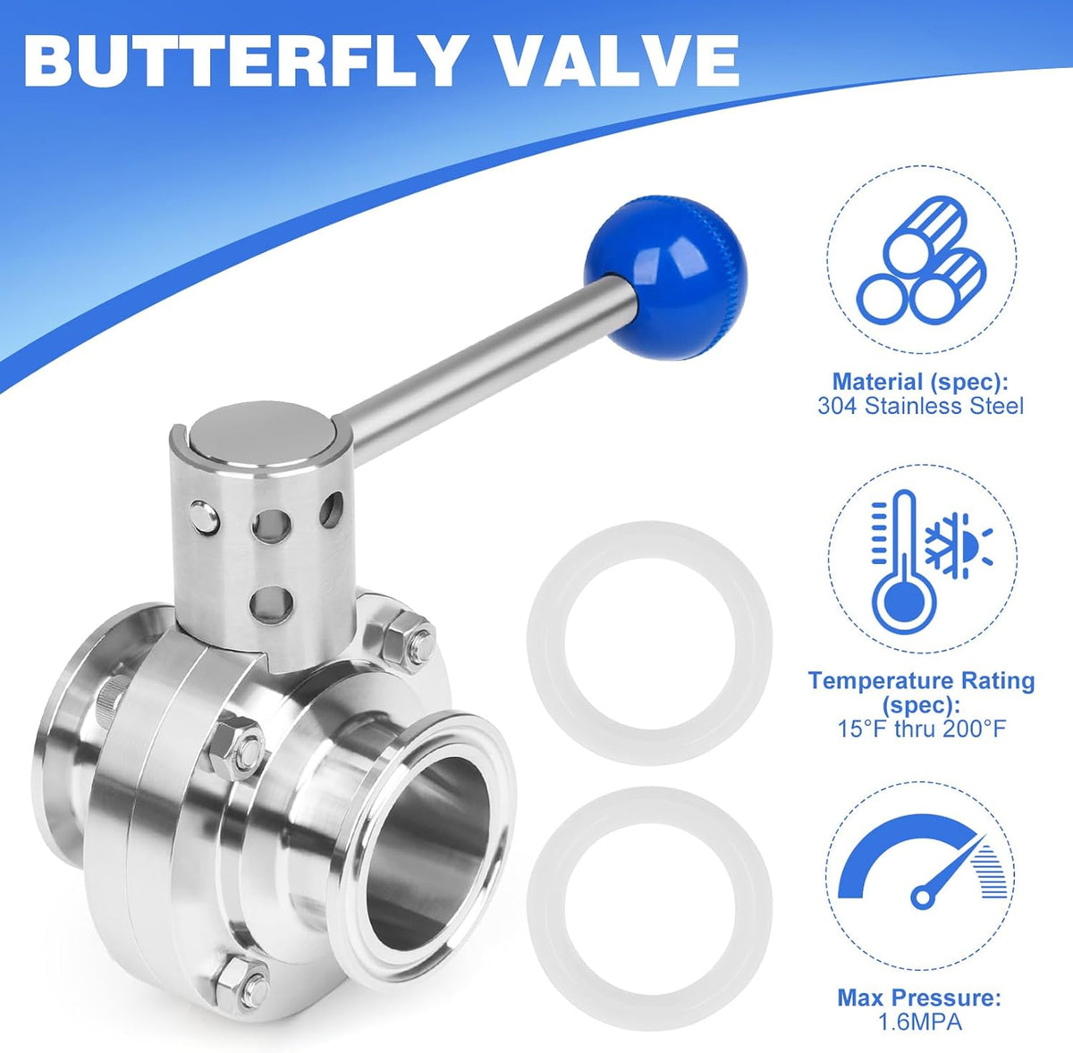 Butterfly Valve 1" Tri Clamp Sanitary Stainless Steel 304 Pull Handle Butterfly Valve Tri Clamp Ferrule Flange 50.5mm with Silicone Gasket