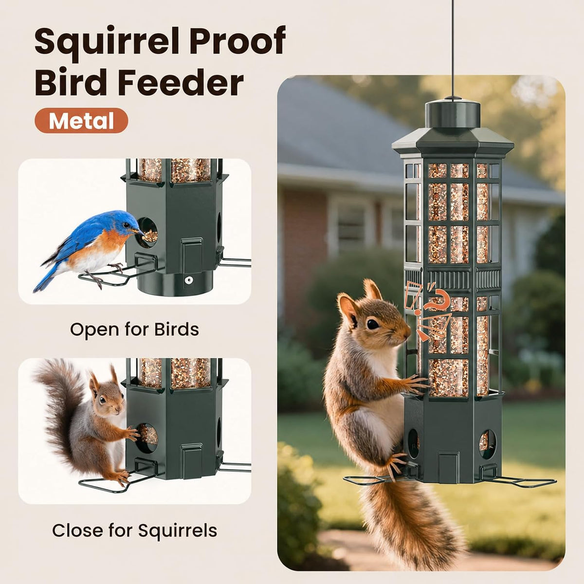 Metal Hanging Squirrel Proof Bird Feeders, Gravity Spring Closure System, Chew Resistant, Large Capacity