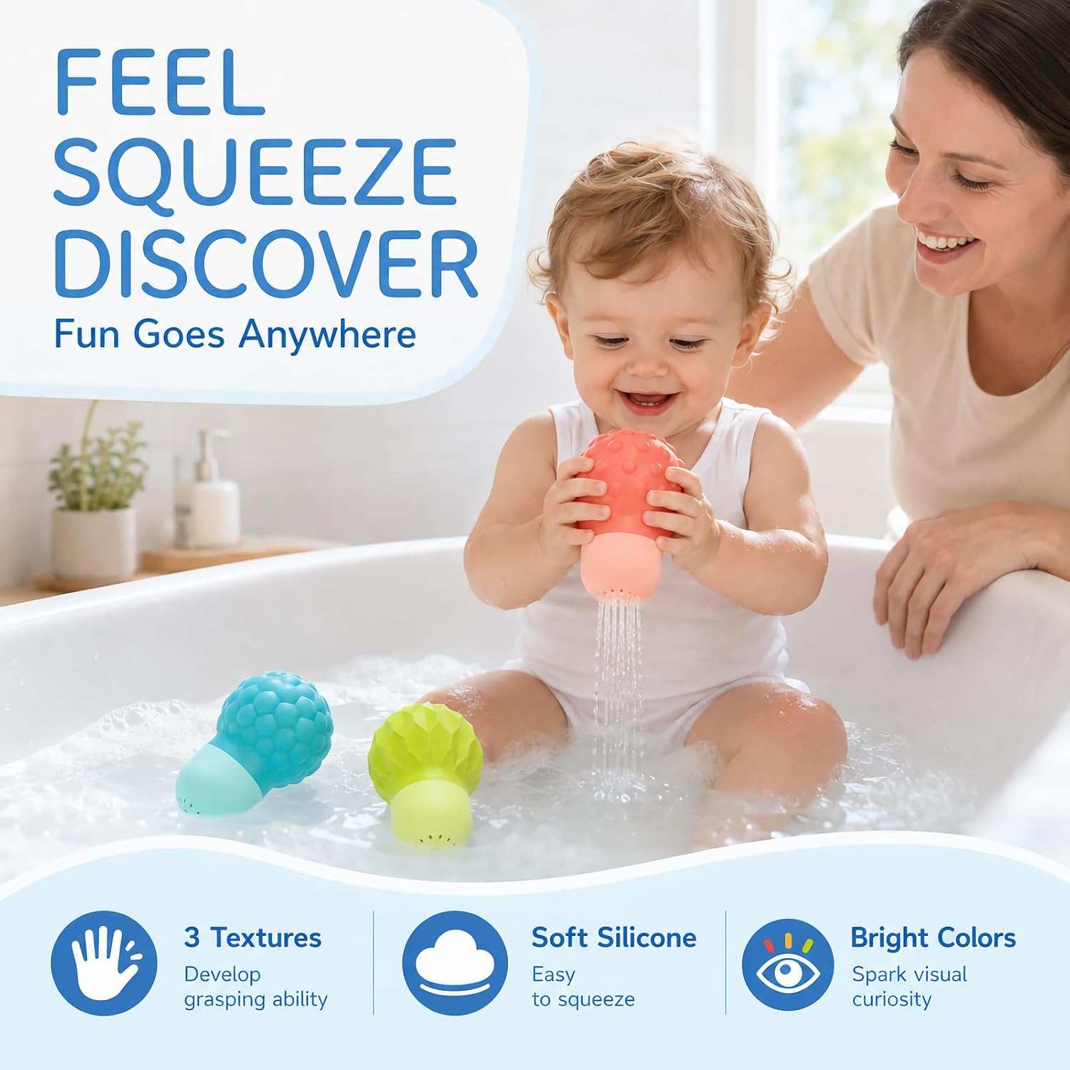 Sensory Squeeze Water Bathtub Toy for Toddlers 1-3, 3PCS Silicone Pool Toy | Detachable Textured Squirt Toys For 18+