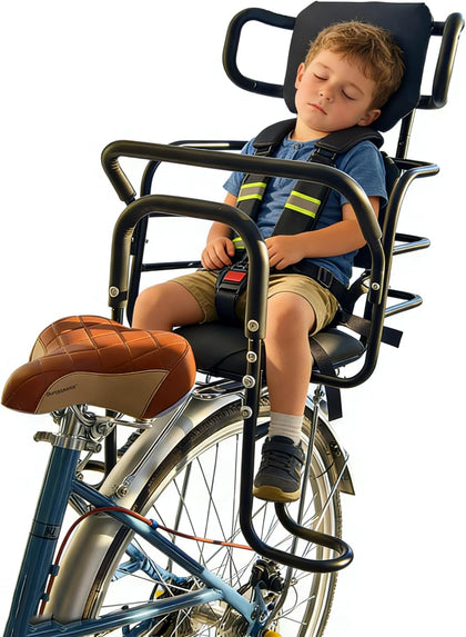 Kid's Bike Seat Rear with Adjustable Headrest, Rear Child Bike Seat with Foot Pedals Back Rest Handrail.Child Carrier