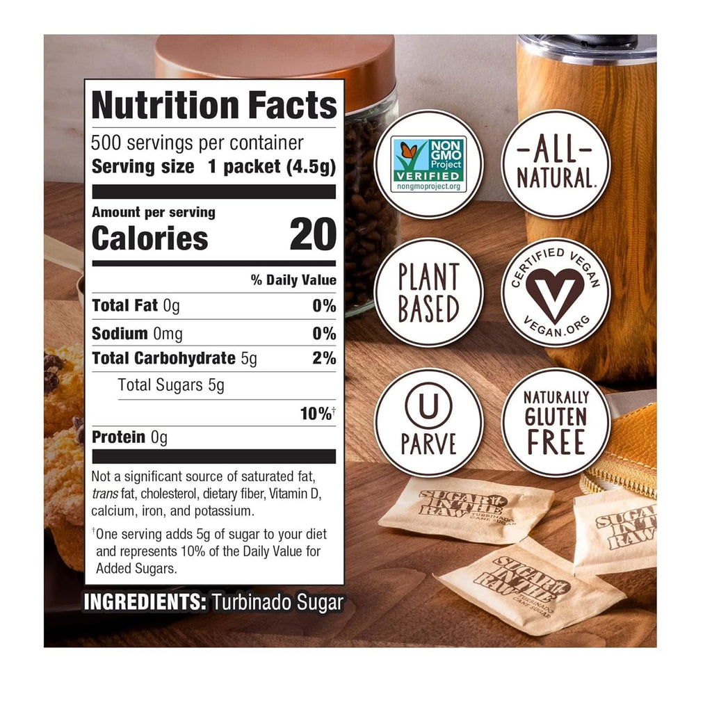 Organic Sugar in The Raw, Raw Sugar Packets, Natural Sweetener, 500 Count Bulk Pack