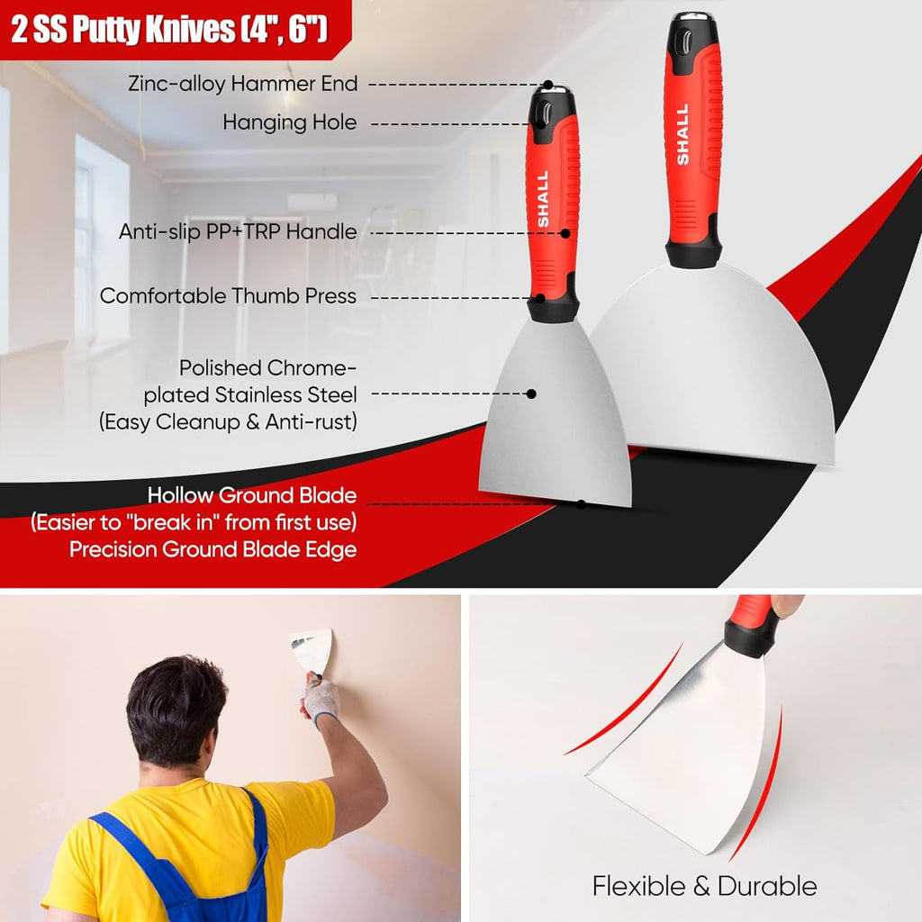 Drywall Tool Kit, 7 Pcs Stainless Steel Set Includes Putty Knife, Taping Knife, Painter Scraper Tool & 12" Mud Pan