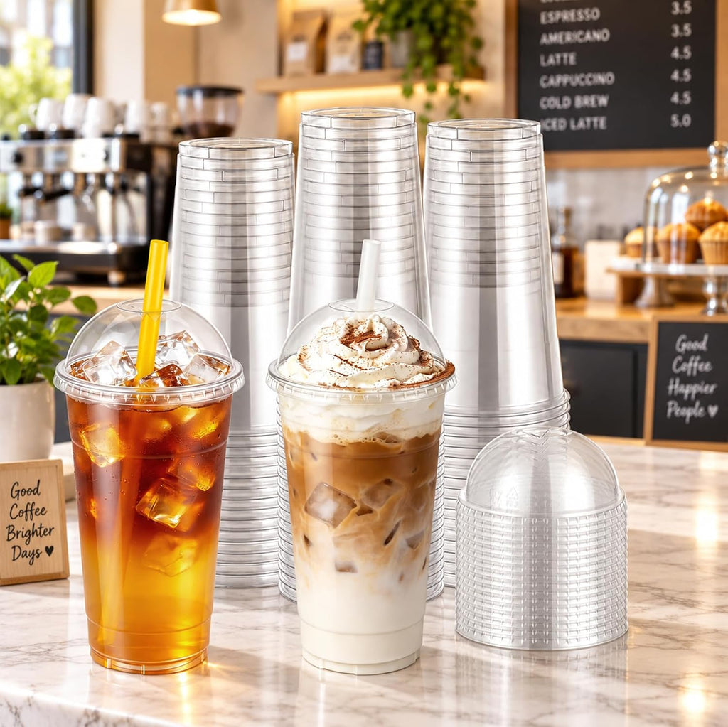 50pack 32oz Clear Plastic Cups with Dome Lids & Wide Color Straws