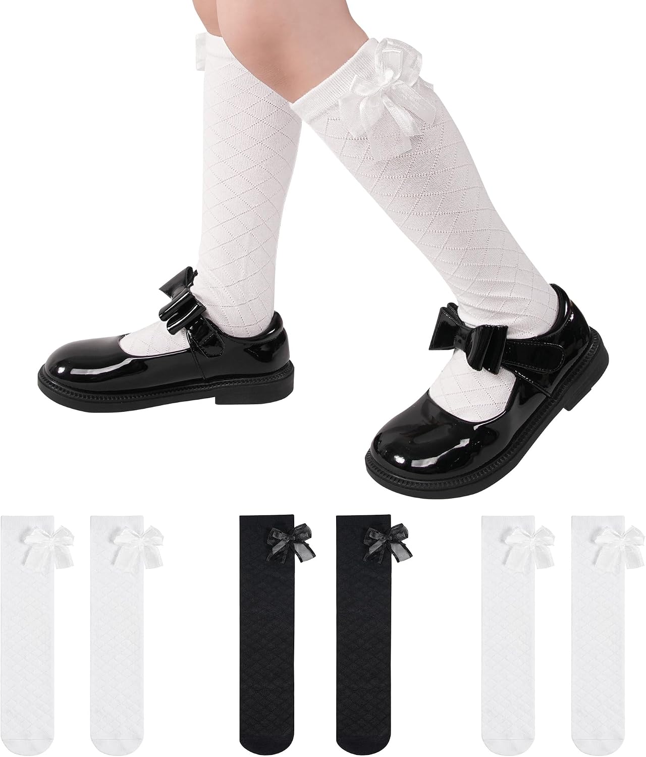 3 Pairs Girls Cotton Knee High Bow Socks, School Socks Ages 4-12 | Lovely side bow decoration,classic white, black