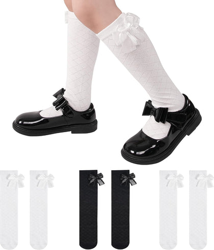 3 Pairs Girls Cotton Knee High Bow Socks, School Socks Ages 4-12 | Lovely side bow decoration,classic white, black