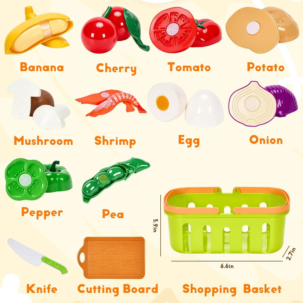 Cutting Play Food Toys, 25 Pieces Pretend Play Kitchen Accessories, Fake Fruits/Vegetables Set with Shopping Storage