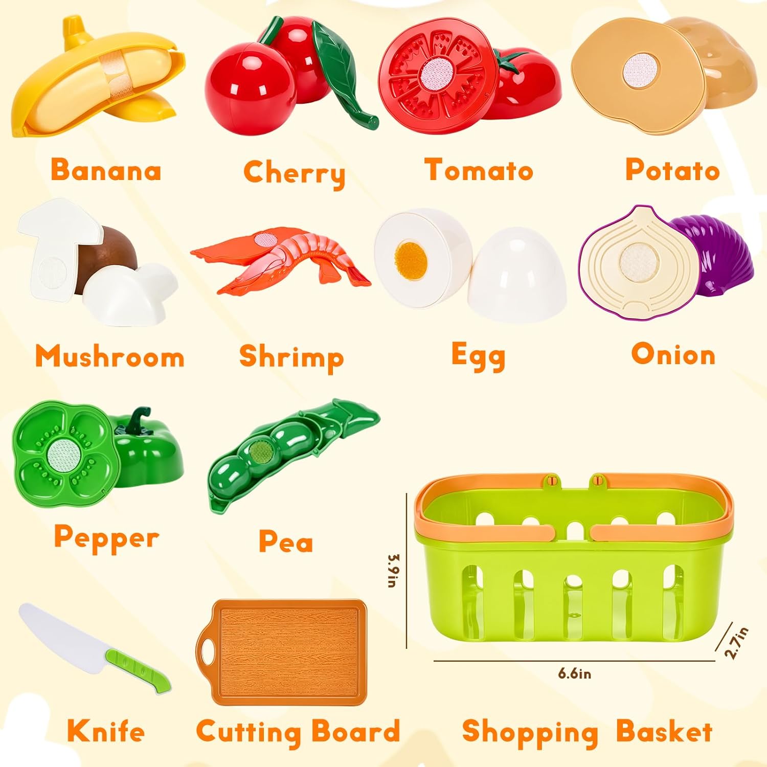 Cutting Play Food Toys, 25 Pieces Pretend Play Kitchen Accessories, Fake Fruits/Vegetables Set with Shopping Storage