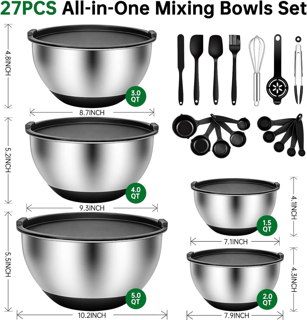 Premium Mixing Bowls with Airtight Lids Set, 22Pcs Thicker Stainless Steel Mixing Bowl Set, Large Prep Metal Bowls