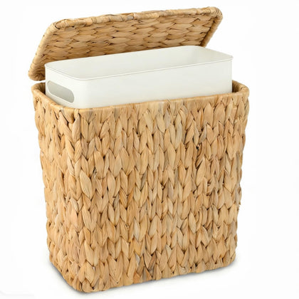Wicker Trash Can,2.5 Gallon Bathroom Trash Can with Lid,Natural Water Hyacinth Wicker Waste Basket with Removable Liner